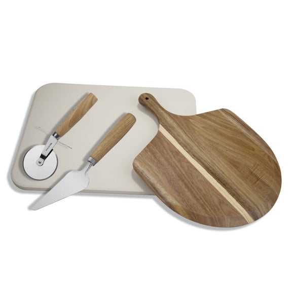 Large Rectangle  Pizza Stone 4-Piece set with Extra-Large Beech Pizza Peel, Cutter, Slice Server| Perfect Pizza Set with all Grilling Accessories| Pizza Stone for Oven and Bbq