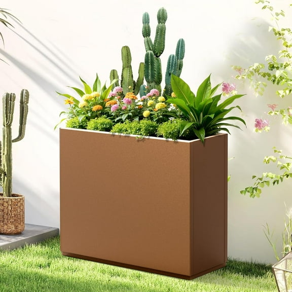 Large Rectangle Planter Metal Brown Planter Box with a Drainage Hole and a Removable Divider Indoor Outdoor Porch Pots for Tall Plants, Trees, Flowers 29.92" x 12.01" x 24.02" Brown