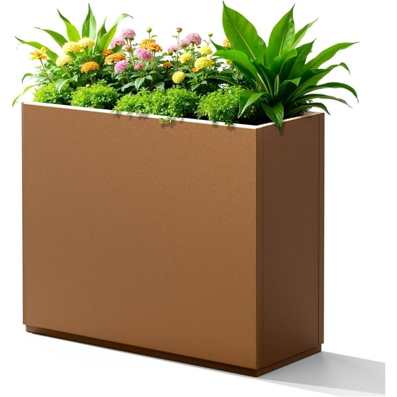 Large Rectangle Planter Metal Brown Planter Box with a Drainage Hole and a Removable Divider Indoor Outdoor Porch Pots for Tall , Trees, Flowers 29.92" x 12.01" x 24.02" Brown