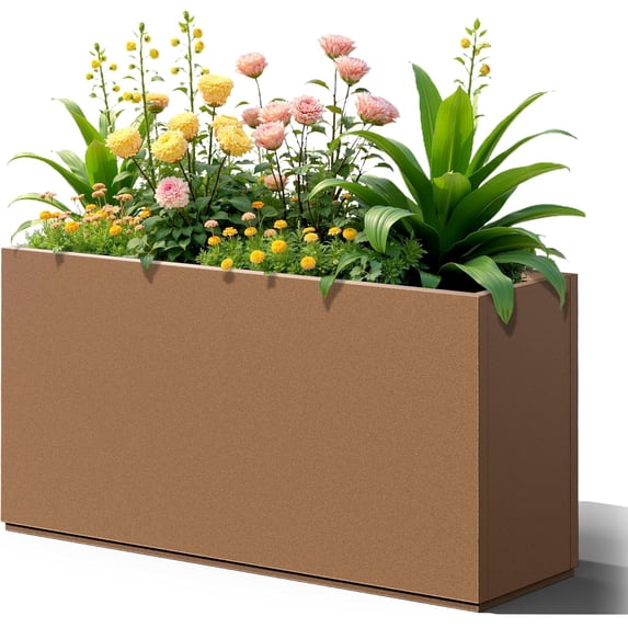 Large Rectangle Planter Metal Brown Planter Box with a Drainage Hole and a Removable Divider Indoor Outdoor Porch Pots for Tall , Trees, Flowers 32.01"x 10" x 16.26" Brown