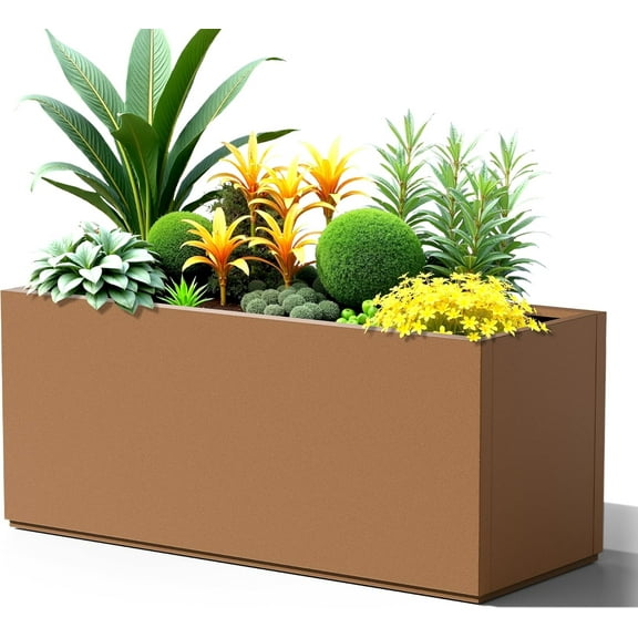 Large Rectangle Planter Metal Brown Planter Box with a Drainage Hole and a Removable Divider Indoor Outdoor Porch Pots for Tall , Trees, Flowers 37.99"x 15" x 16.26" Brown