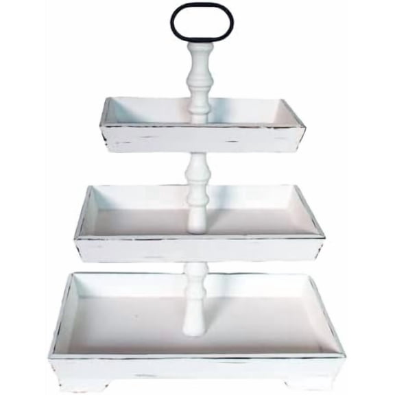Large Rectangle Tiered Tray Stand 3 Tier Serving Tray Rustic Farmhouse Kitchen Decor with Metal Handle and Distressed Tiered Tray Stand Tiered Dessert Stand Cake Stand (White)