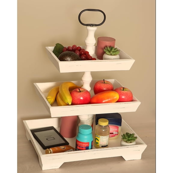 Large Rectangle Tiered Tray Stand 3 Tier Serving Tray Rustic Farmhouse Kitchen Decor with Metal Handle and Distressed Tiered Tray Stand Tiered Dessert Stand Cake Stand (White)