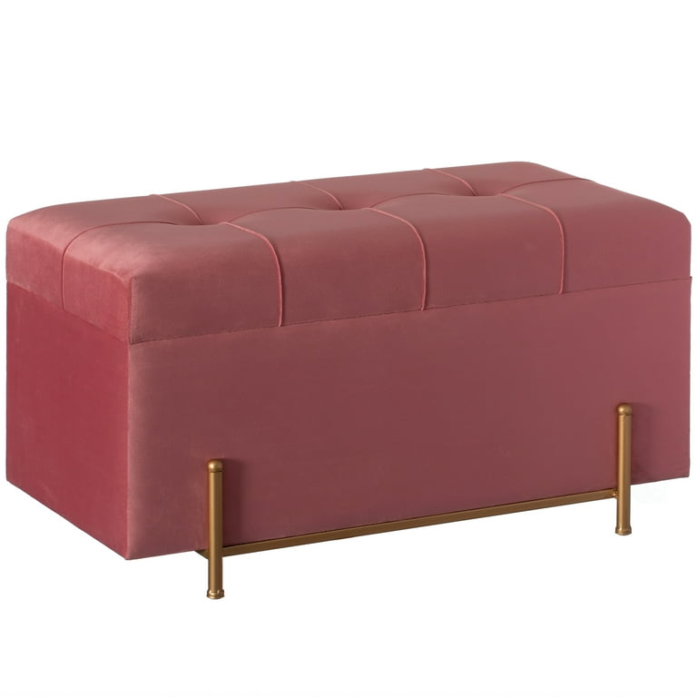 Large Rectangle Velvet Storage Ottoman Stool Box with Golden Legs Decorative Sitting Bench for Living Room Home Decor