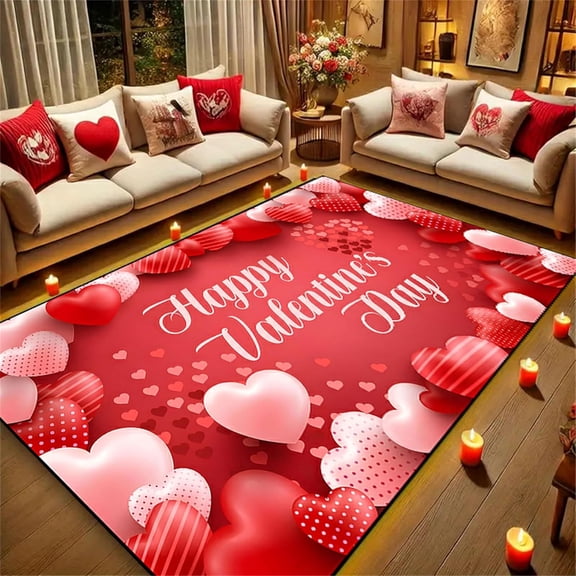 Large Rectangular Area Rugs,3x5ft,Valentine's Day Sign, 3D Printed Pink and Red Heart Patterned Rug, Soft Non-Slip Holiday Decorative Carpet, Washable and Durable Rug for Living Room Bedroom
