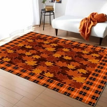 Large Rectangular Area Rugs Living Room, Thanksgiving Maple Autumn Leaf Durable Non Slip Rug Carpet Floor Mat for Bedroom Bedside Outdoor Fall Orange Buffalo Plaid