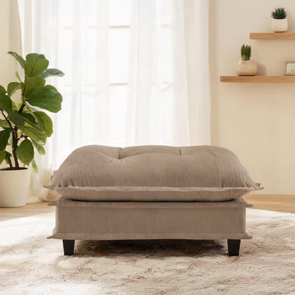 Large Rectangular Chenille Ottoman with Wood Legs in Light Coffee Finish