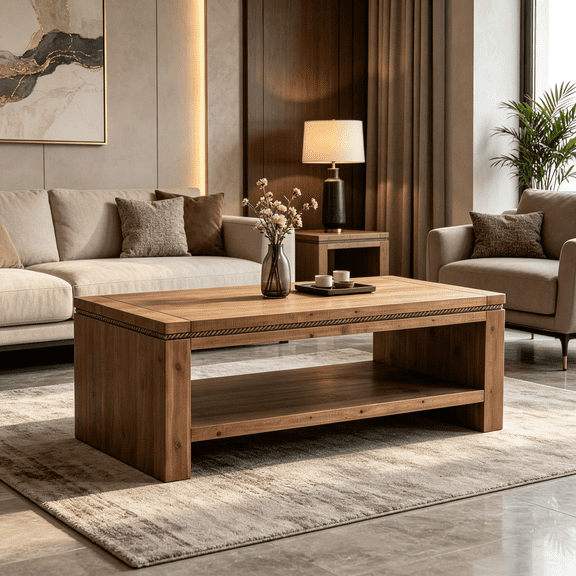 Large Rectangular Coffee Table with Shelf, Solid Wood Rustic Design for Living Room and Office, Easy to Assemble