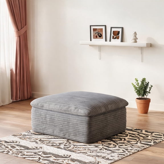 Large Rectangular Fabric Ottoman with Plush Cotton Fill, Neutral Gray, Versatile Modular Seating for Living Room