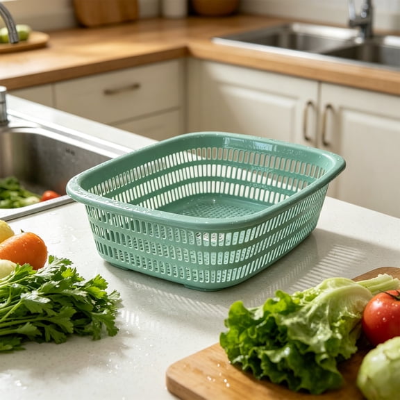 Large Rectangular Produce Basket,Perforated Food Safe Plastic Pantry Storage Bin,Air Circulation Organizer For Vegetable Bread Fridge Cabinet Arrangement(Green)