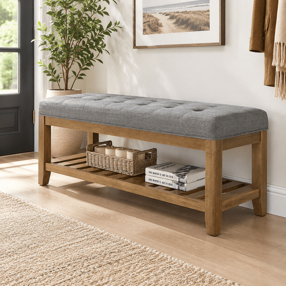 Large Rectangular Upholstered Tufted Linen Ottoman Bench, Granite-bench ...