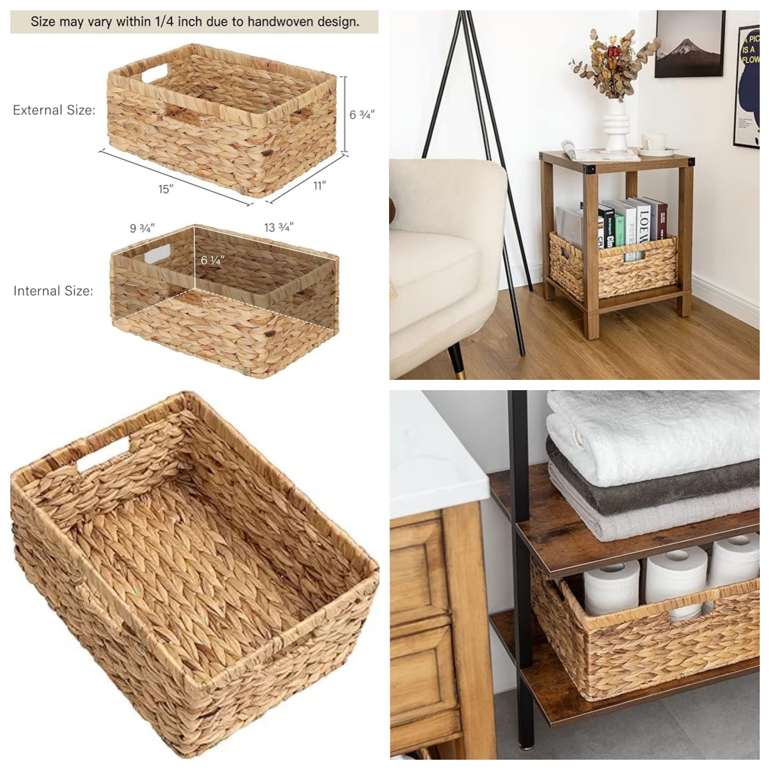 Large Rectangular Wicker Basket, Water Hyacinth Storage Basket with Built-in Handles, 1 Pack