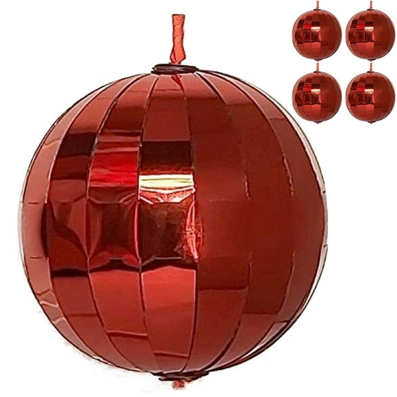 Large Red Christmas Ball Ornaments 3.5" (Collapsible) Tree Bauble Shatterproof 4 Pcs Set