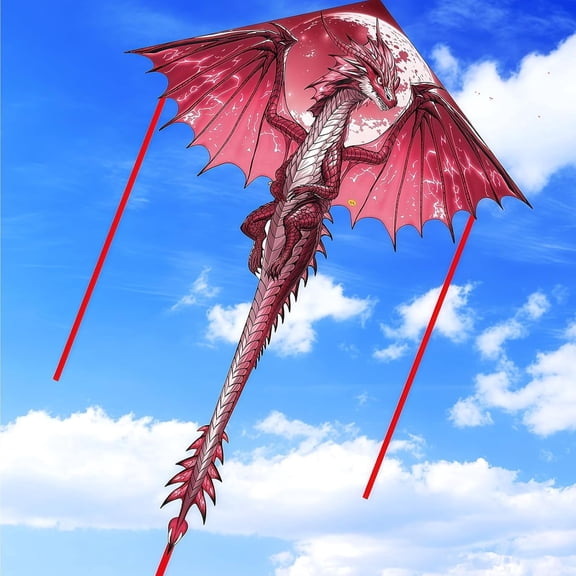 Large Red Dragon Kite for Kids Adults Beginner, 98 x 71 Inch Single Line Colorful with Tail Kite with Winding Handle and Line Outdoor Beach Park Flying Games Activities Birthday Gift