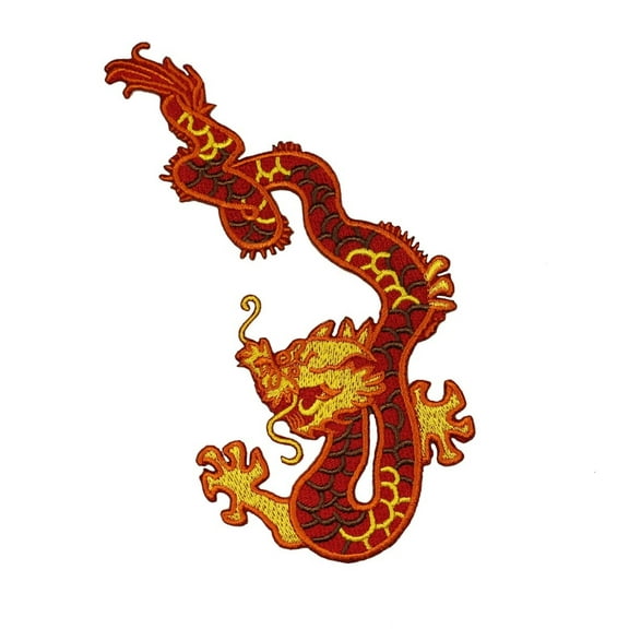 Large Red Dragon Patch Left Facing Chinese Fire Embroidered Iron On Applique