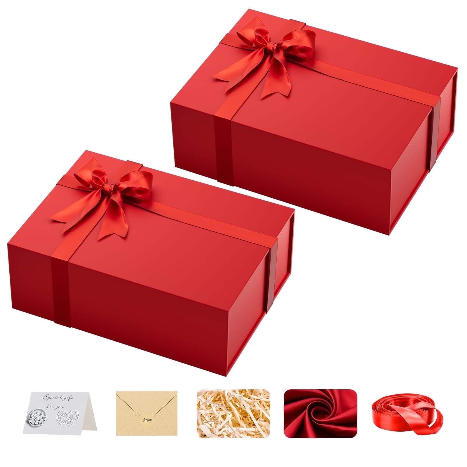 Large Red Gift Box with Lids: 13.5×10×5 inches Packaging with Magnetic Lid - Holds Christmas Birthdays Wedding Gifts - Ideal for Couples Friends Family (Red,Pack of 2)