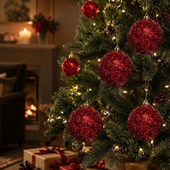 Large Red Glitter Christmas Ball Ornament, 5.91 Inch Sparkling Hanging Bauble, Shatterproof Xmas Tree Decor