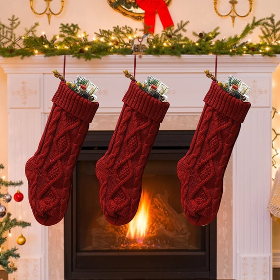 Large Red Knitted Christmas Stocking – 45.7cm (18in) Classic Cable-Knit Fireplace Stocking – Hanging Christmas Decor