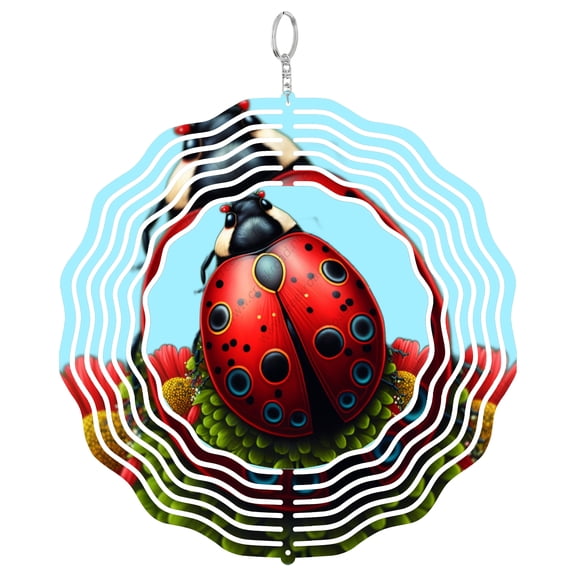 Large Red Ladybug With Daisies 3D Wind Spinner Kinetic Art Stainless Steel Laser Cut Summer Garden Round