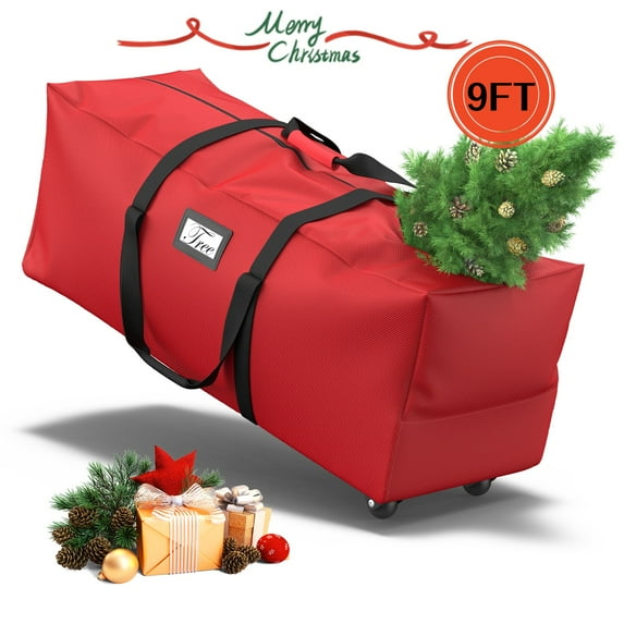Rolling Christmas Tree Storage Bag for 9 ft Artificial Trees with Wheels& Handles, 600D Oxford Red