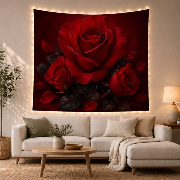 Large Red Rose in Bloom on Deep Burgundy Background, Dramatic Dark Academia for Romance Enthusiasts, Floral Wall Art Decor, Valentine's Day Gift, Tapestry Wall Hanging for Bedroom and Living Room