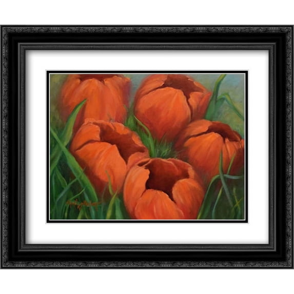 Large Red Tulips 2x Matted 24x20 Black Ornate Framed Art Print by Wollenberg, Cheri