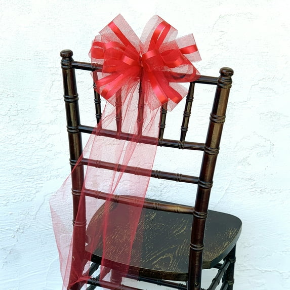 Large Red Tulle Ribbon Assembled Pew Bows - 10" Wide, Set of 6, Wedding, Valentine's Day, Church Decoration, Reception, Anniversary