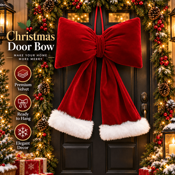 Large Christmas Door Bow – Red velvet holiday bow with white plush trim; hanging Christmas decoration for front doors, walls, or windows 15 x 11.8 inches