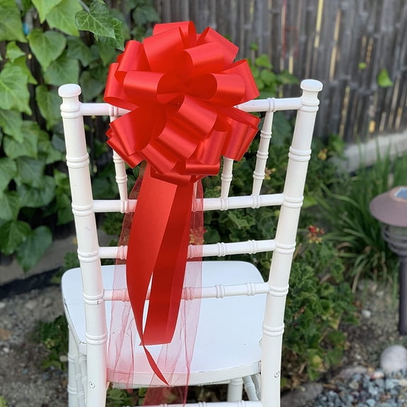 Large Red Wedding Pull Bows with Long Tulle Tails - 9" Wide, Set of 6, Christmas