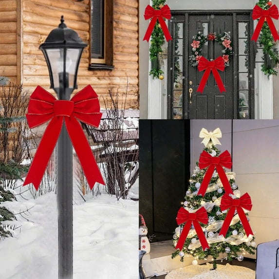 Large Red Wreath Bow 20 * 11inch Edged Red Velvet Tree Topper Ornament for Xmas Home Outdoor Indoor Party (F)