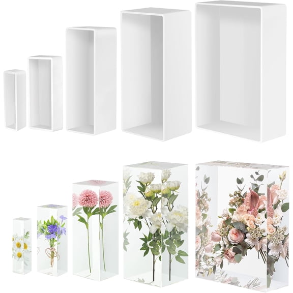 Large Resin Molds, Rectangle Silicone Molds for Epoxy Resin, 5 PCS Cuboid Resin Moulds with Wooden Support, Deep Casting Molds for Preserving Flowers, Insect Specimens, DIY Gifts, Furniture Decor