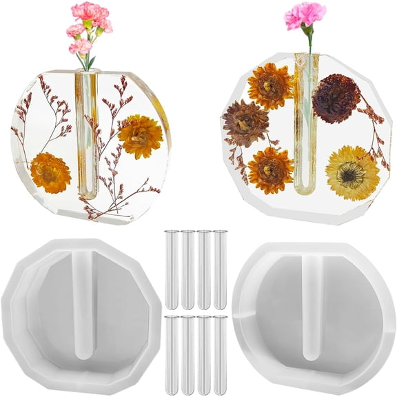 Large Resin Silicone Molds, DaKuan 2 pcs Silicone Vase Molds for Epoxy Resin, Polygonal and elliptical Planters with 8 Tubes, for Flower Preservation, Hydroponics, Wedding, Valentine's Day, Ornaments