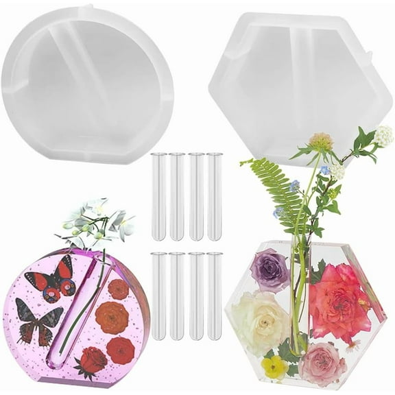 Large Resin Silicone Molds, lyfLux 2 pcs Silicone Vase Molds for Epoxy Resin, Hexagonal and Semicircular Planters with 8 Tubes, for Flower Preservation, Hydroponics, Wedding, Valentine's Day