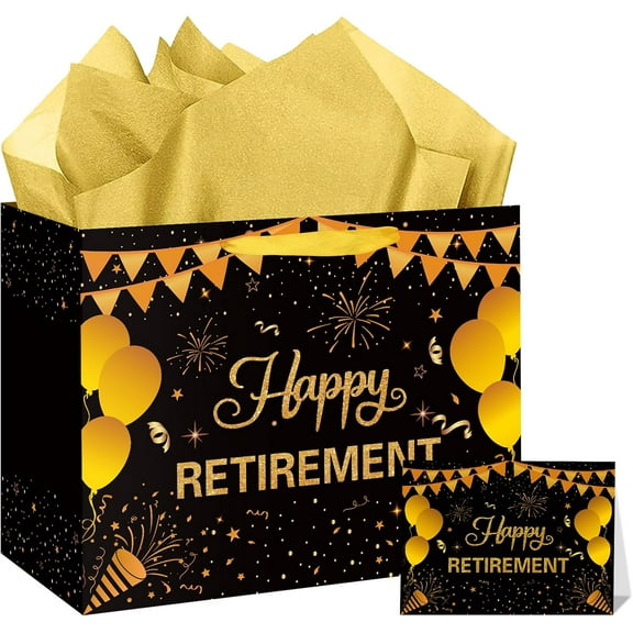 Large Retirement Gift Bag Black Gold Happy Retirement Party Gift Bag with Handles, Wrapping Paper, Greeting Card for Men Women Coworker Teacher Farewell Going Away Party Supplies