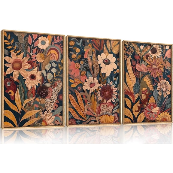 Large Retro Floral Framed Canvas Wall Art Set,Boho Flowers Bouquet Wall Decor,Vintage Botanical Wall Painting,Colorful Plant Art Print for Living Room, Bedroom, Office- 16"x24"x3