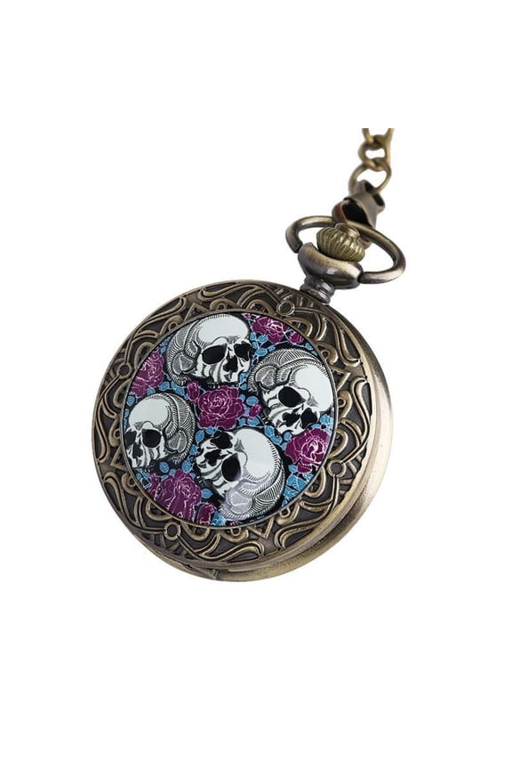 Large Retro Pocket Watch Purple Floral Four Skull Design Quartz Pendant Clock Alloy Case Gothic Vintage Style for Men Women
