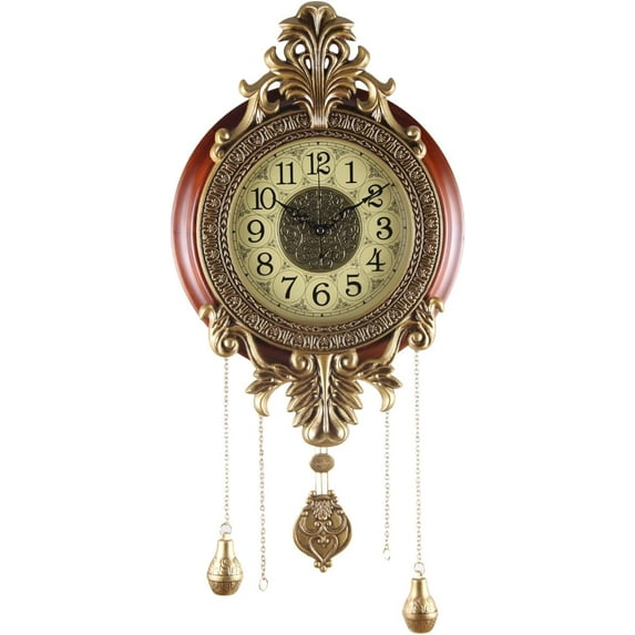 Large Retro Style Vintage Royal Line Silent High-end Luxury Metal Wood Wall Clock with Swinging Pendulum