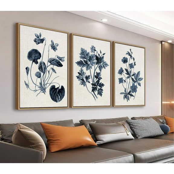 Large Retro d Wall Art - Natural Float d Vintage Flowers Canvas William Morris Painting Pictures Rustic Floral Pattern Prints Artwork for Living Room Bedroom Office Decor 48" X 24" Set of 3