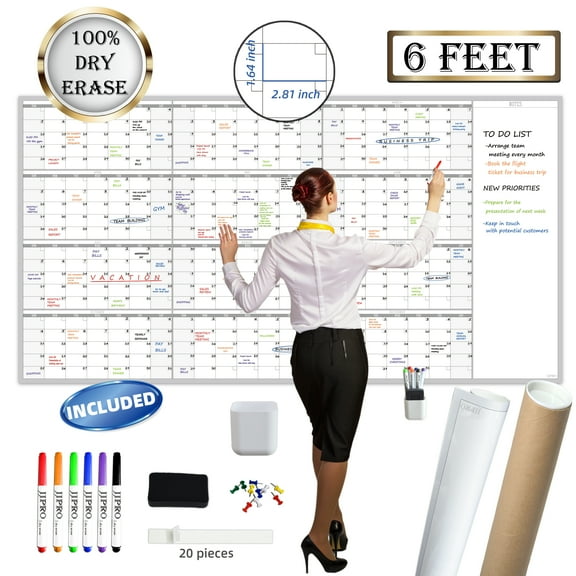 JJPRO Reusable Dry Erase 12 Month Task Organizer Wall Calendar, 38" x 72", Multicolor