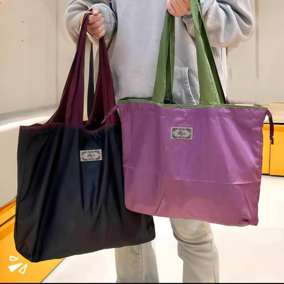 Large Reusable Tote Bag Featuring Water-Resistant Nylon Construction & Adjustable Drawstring Bag Top, Foldable Tote Bag with Shoulder Bags for Women Design for Grocery Hauls and