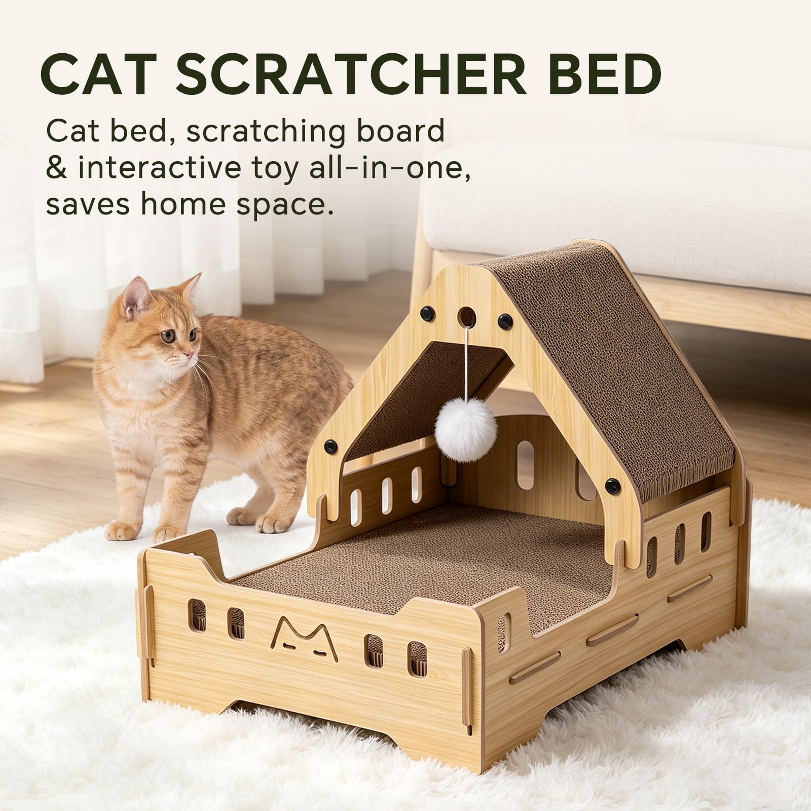 Large Reversible Cardboard Cat Scratcher Lounger, Durable Long‑Lasting Cat Scratching Board Pad, Brown Scratch Bed Furniture Protector for Indoor House Cats, 37x50x36cm