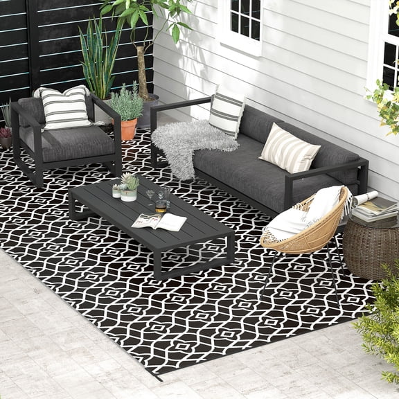 Large Reversible Outdoor Rug 9x18 Waterproof Plastic Straw Floor Mat for RV Camping Picnic Backyard Deck Beach Black White Clover with Carry Bag