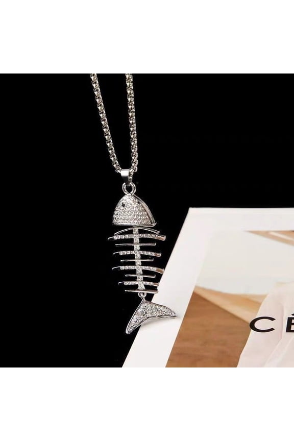 Large Rhinestone Fishbone Necklace for Women Men Stainless Steel Fish Skeleton Vintage Sweater Chain