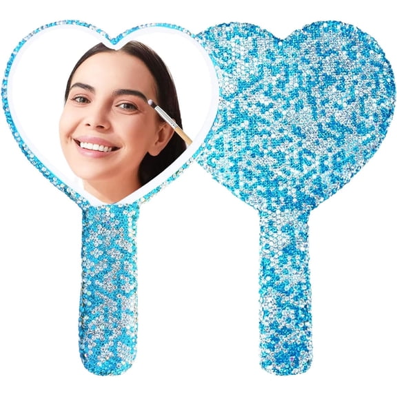 Large Rhinestone Handheld Mirror Heart Bling Glitter Cosmetic Dazzling Portable Hand Mirrors with Handle for Women Wedding Silver White (Blue)