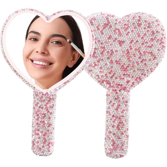 Large Rhinestone Handheld Mirror Heart Bling Glitter Dazzling Portable Hand Mirrors with Handle for Women Wedding White ()