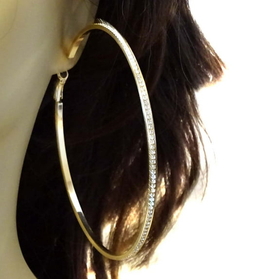 Large Rhinestone Hoop Earrings Gold Tone 4 inch