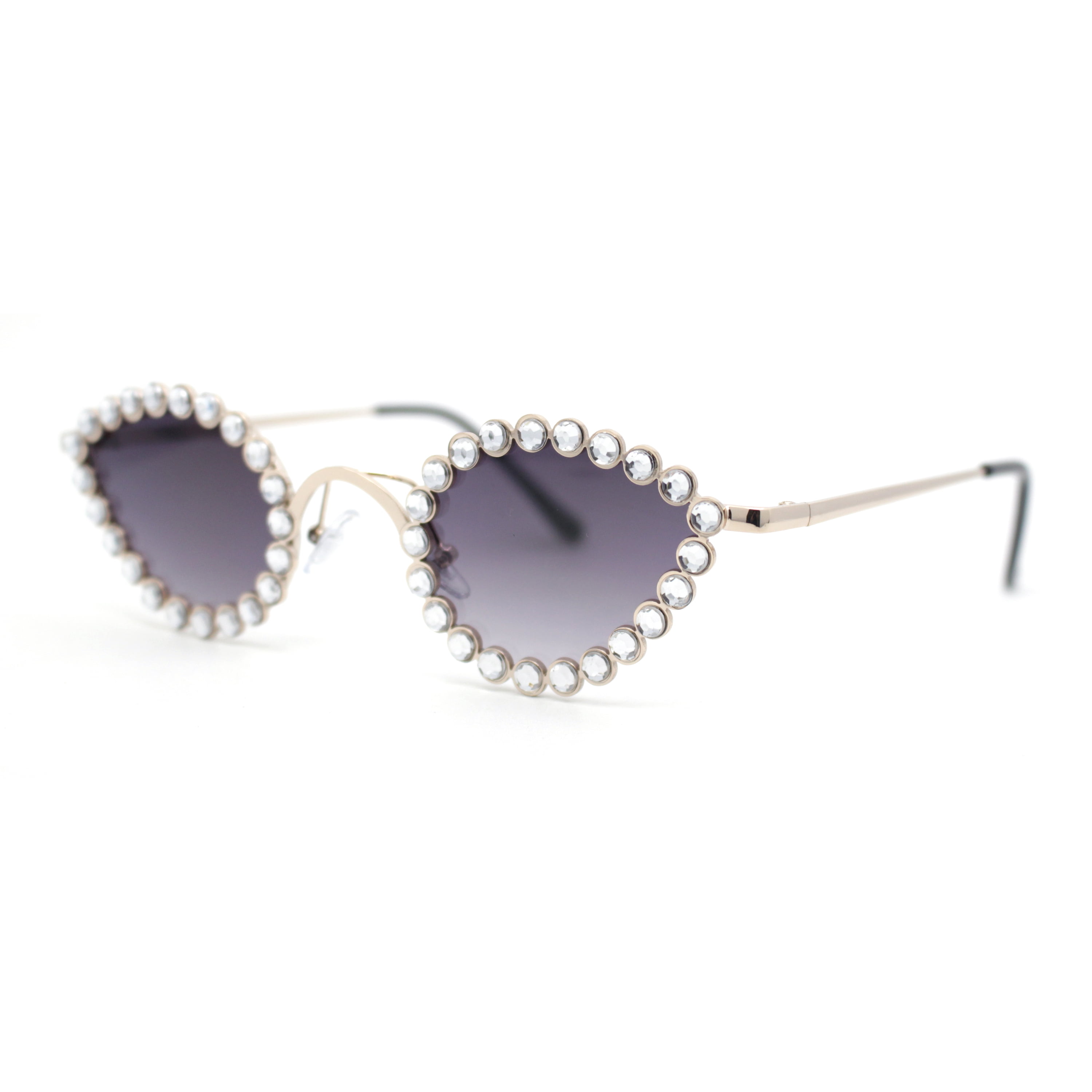 Large Rhinestone Rim Micro Small Hippie Cat Eye Metal Sunglasses Gold ...