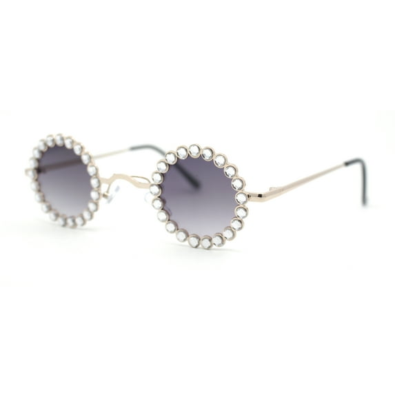Large Rhinestone Rim Micro Small Hippie Round Circle Lens Metal Sunglasses Gold - Smoke