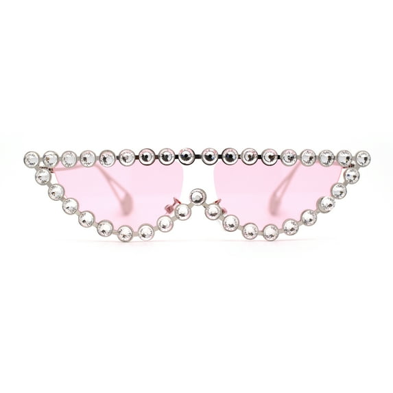 Large Rhinestone Show Sign Expose Lens Cat Eye Sunglasses Silver Pink