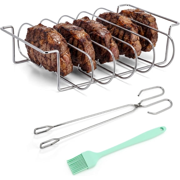 Large Rib Rack for Smoking, 6 Slots Rib Racks for Grilling with Oil Brush, Clip, Fits 18 '' or Larger Gas Smoker Charcoal Grill, BBQ Stand with 2 Handle Stainless Steel Grill Accessories